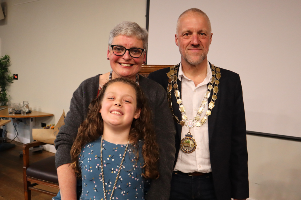 R to L: The Mayor of Hebden Royd Town Council, Cllr Steve Woodhead and his consorts Jo Woodhead and Winnie Woodhead.