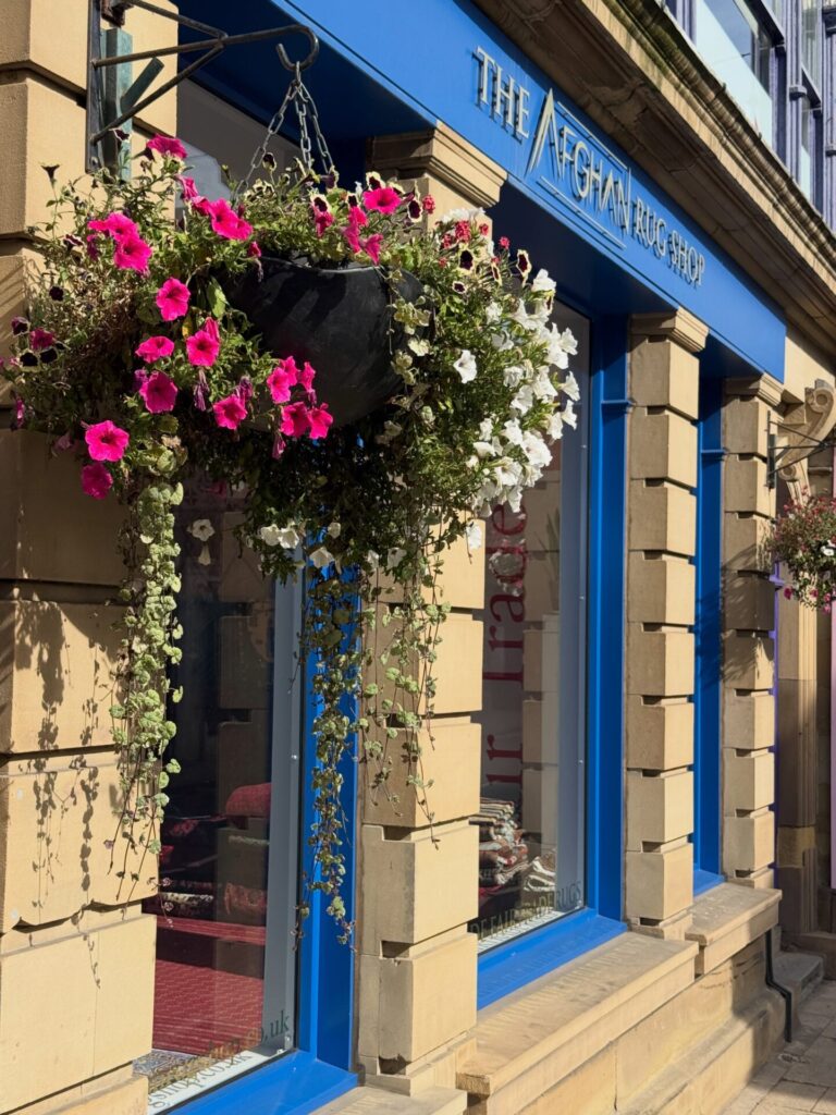A hanging basket in bloom outside The Afghan Rug Shop in Hebden Bridge, September 2026